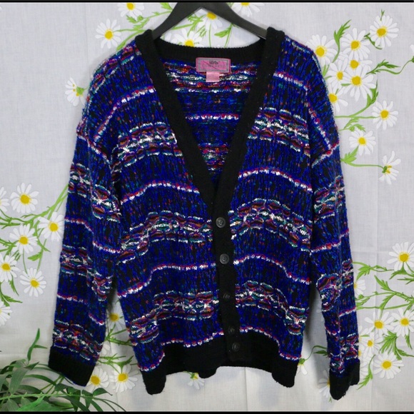 Vintage royal blue rainbow mixed knit cardigan - Picture 4 of 6